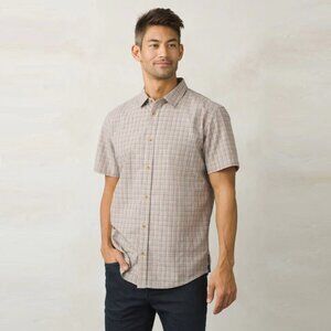 prAna Lukas Slim Fit Button Down Short Sleeve Shirt in Brown and Orange Plaid, L